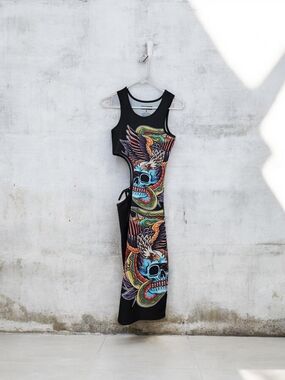 One-Shoulder Black Dress with Multicolor Skull & Eagle Print